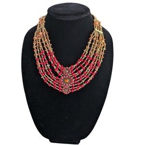 Bohemian Beaded Multi Strand Statement Necklace Red Gold Tone